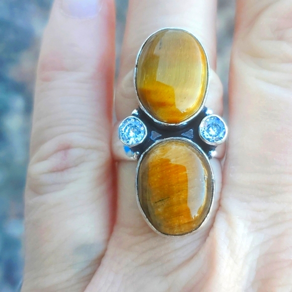 New Tiger Eye and White Topaz 925 Silver Statement Ring. - Picture 1 of 12